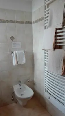 a bathroom with a sink and a toilet and towels at Pensione Valbona in Corvara in Badia