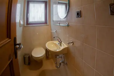 a bathroom with a sink and a toilet and a mirror at App. Tamanhof in San Giorgio