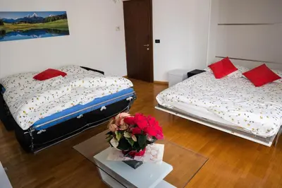 two beds in a room with flowers on a table at Sunshine Apartments in Bolzano