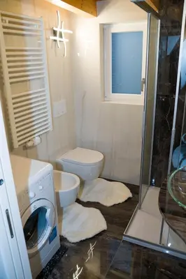 a bathroom with a washing machine and a toilet at Sunshine Apartments in Bolzano