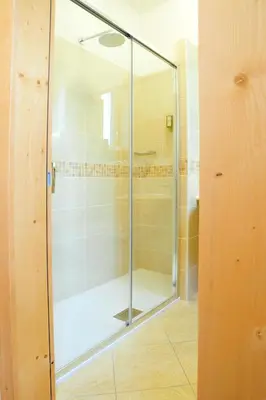a shower with a glass door in a bathroom at Hotel Regina in Cortina dʼAmpezzo