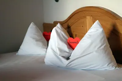 a bed with two red hearts in a white pillow at Hotel Antermoia in Antermoia