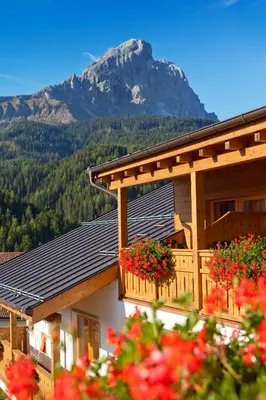 a house with flowers on the balcony with a mountain at Hotel Antermoia in Antermoia