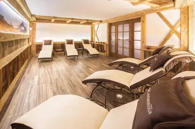 a room with chairs and a table and a screen at Hotel Antermoia in Antermoia