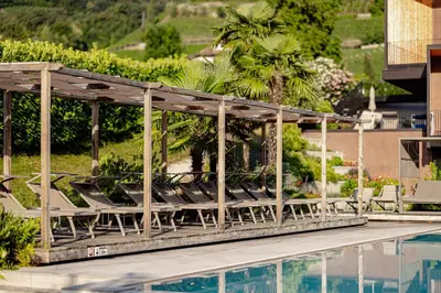 a group of chairs sitting next to a swimming pool at Hotel Thalhof am See in Caldaro