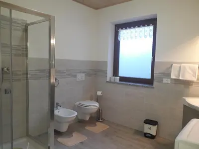 a bathroom with a toilet and a shower and a window at ATL AGRITURISMO in Salorno sulla Strada del Vino