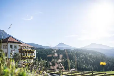 a building on a hill with mountains in the background at Familienhotel Maria in Obereggen