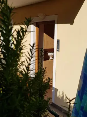 a door into a room with a christmas tree at Casa Alice 5.3 in Fiera di Primiero