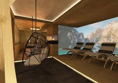 a room with a view of a mountain at Waidacherhof Apartments in Braies