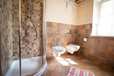 a bathroom with a shower and a toilet and a sink at Casa Torta in Moena