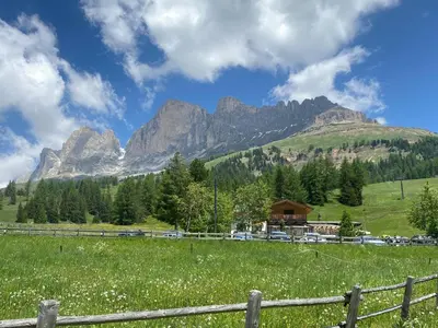 a field with a fence and mountains in the background at Hotel Castel Latemar in Carezza al Lago