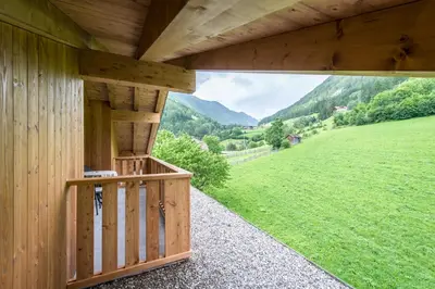 a wooden building with a view of a green field at Hotel Taufers in Molini di Tures