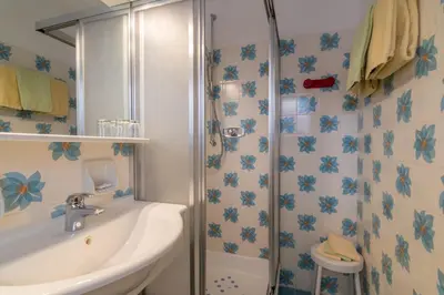 a bathroom with a shower and a sink and a toilet at Garni La Vara in Corvara in Badia