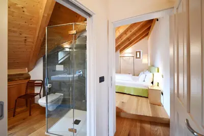 a bathroom with a shower and a bedroom at Ansitz Jenner in Appiano sulla Strada del Vino