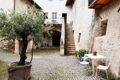 a courtyard with a tree and a table and chairs at Ansitz Jenner in Appiano sulla Strada del Vino