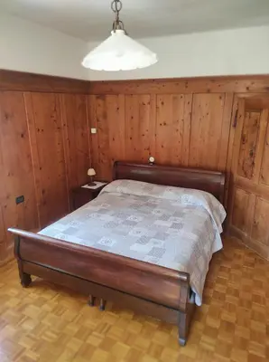 a bed in a room with wood paneling at Da Rinota in Alta Val di Non in Malosco