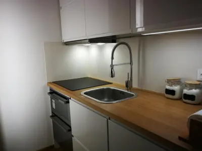 a kitchen with a sink and a counter top at Luce Delle Dolomiti con navetta e sala giochi in Mazzin