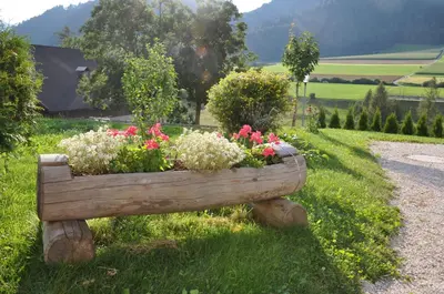 a wooden planter filled with flowers in a field at Appartements Wiesenheim in Rasun di Sopra