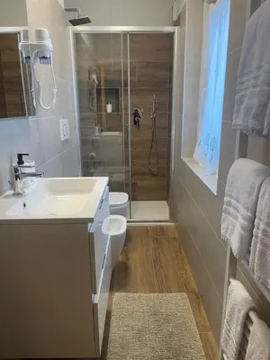 a bathroom with a shower and a sink and a toilet at Hotel Villa Gaia in Cortina dʼAmpezzo