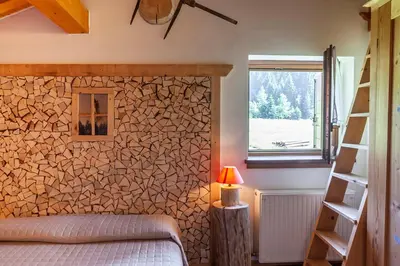 a bedroom with a wooden wall with a bed and a window at Albergo Lozen in Canale San Bovo