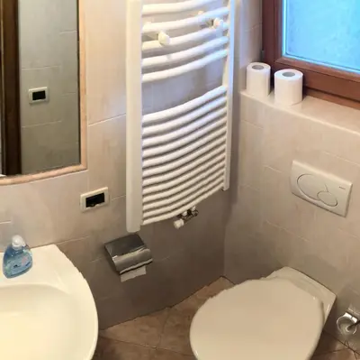 a bathroom with a toilet and a sink at Fless in San Martino in Badia