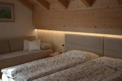 two beds in a room with wooden walls and ceilings at B&B Casa Riz in Castello di Fiemme