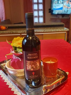 a bottle of wine sitting on a tray with a candle at casa claudio-APPARTAMENTI IN CENTRO in Campitello di Fassa