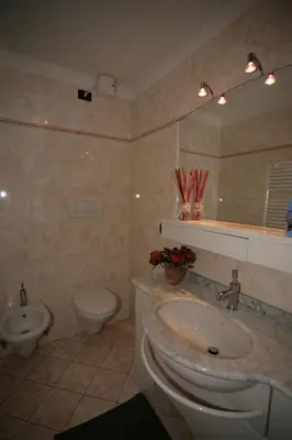 a bathroom with a sink and a toilet and a mirror at Residence Valfassa in Canazei