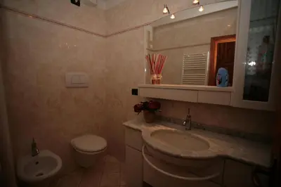 a bathroom with a sink and a toilet and a mirror at Residence Valfassa in Canazei