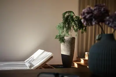a vase with a plant in it on a table at Saltus in San Genesio Atesino