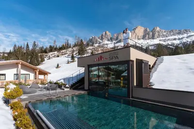 a person standing on top of a house with a swimming pool at Moseralm Dolomiti Hideaway in Nova Levante