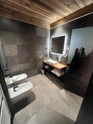 a bathroom with a white toilet and a sink at Hotel De Fronz in Soraga