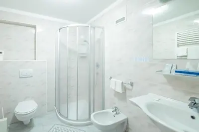 a bathroom with a shower and a toilet and a sink at Gasthof Teiser Stern in Funes