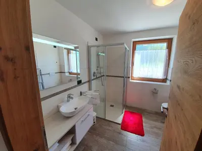 a bathroom with a sink and a shower at Mesnerhof in Lauregno