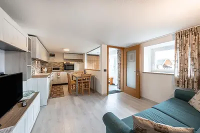 a living room with a couch and a kitchen at Appartamento Ciasa Ciaslir in Vigo di Fassa