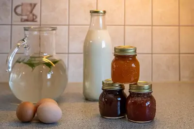 a counter with jars of honey and eggs and milk at Nussbaumerhof in Bressanone