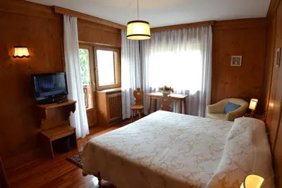 a bedroom with a bed and a tv and a window at Hotel Villa Nevada in Cortina dʼAmpezzo