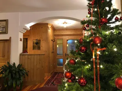 a christmas tree with ornaments in a room at Hotel Villa Nevada in Cortina dʼAmpezzo
