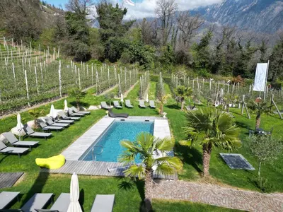 a couple of chairs sitting next to a body of water at Garden-Suite Faselehof in Marlengo