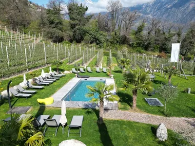 a view of a garden with a pond at Garden-Suite Faselehof in Marlengo
