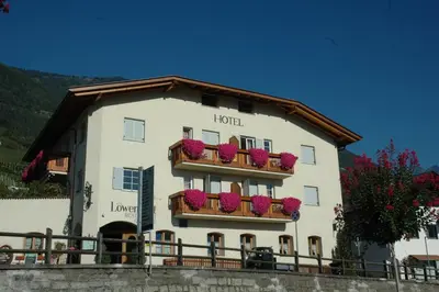 a hotel with flowerpots on the side of a building at Hotel Löwenwirt in Cermes