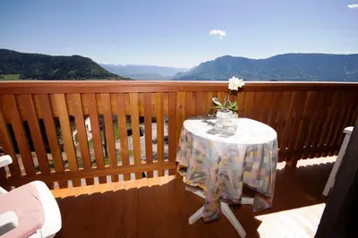 a table with a vase of flowers on a balcony at Garni Reider in Meltina