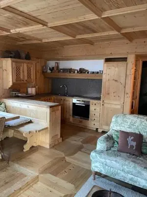 a kitchen with a table and a couch in a cabin at Nei Y Suredl NeveSole in Corvara in Badia