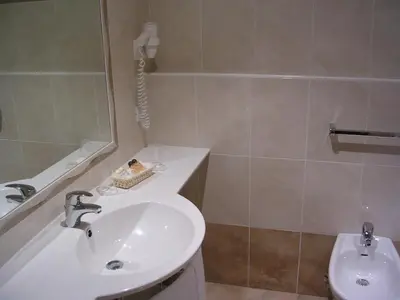 a bathroom with a sink and a toilet and a mirror at Garni La Tambra in Selva di Val Gardena