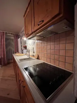 a kitchen with a sink and a counter top at Castel Madonna in San Martino di Castrozza