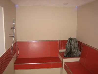 a shower room with red tiles and a rock at Garni - Appartement Neumairhof in Rasun di Sopra