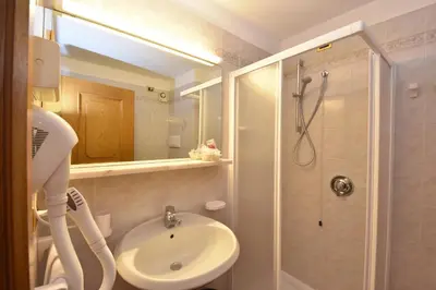 a bathroom with a sink and a shower at Hotel San Marco in Passo San Pellegrino