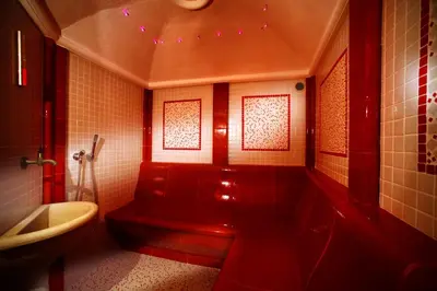 a bathroom with a red toilet and a sink at Hotel Ingram in Selva di Val Gardena