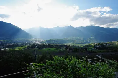 a view of a valley with mountains in the background at Schwarzplatterhof in Merano