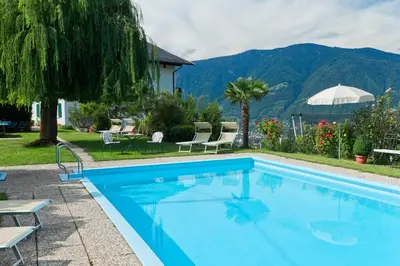 a swimming pool with a view of a mountain at Landhaus Weger in Merano